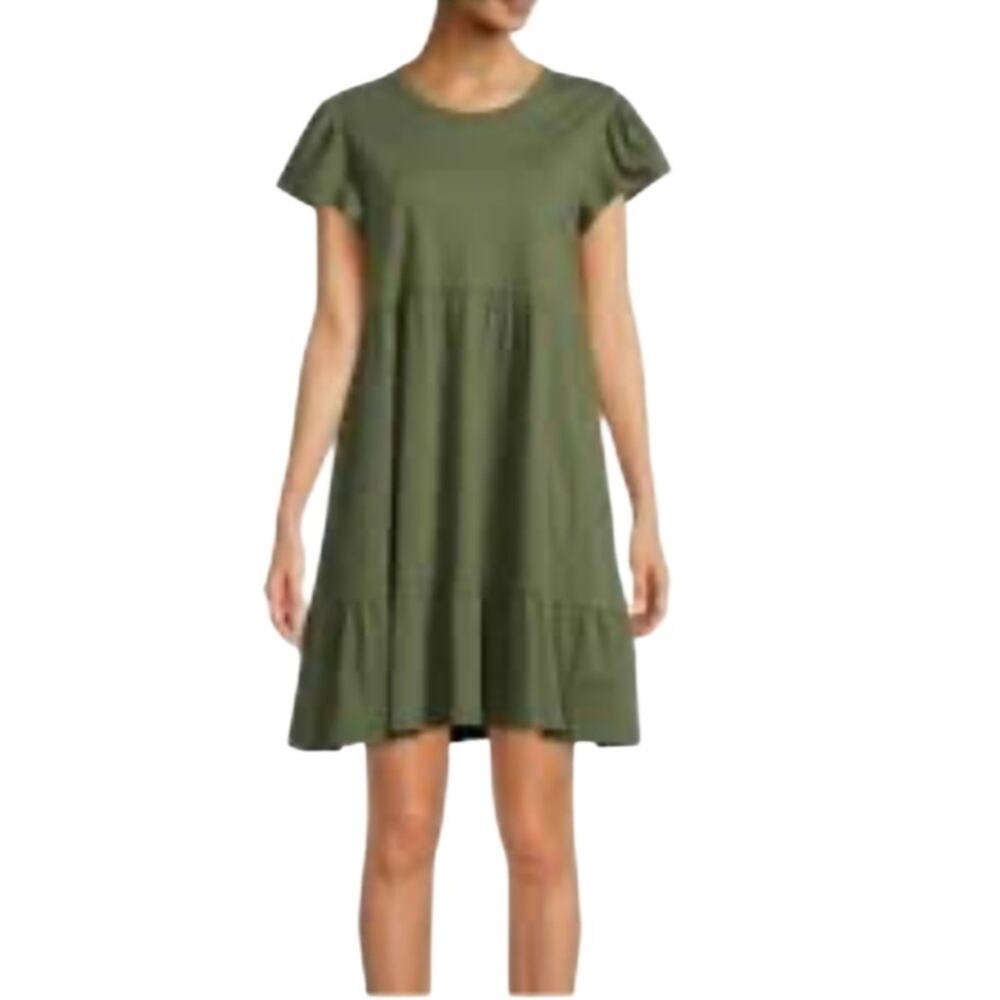 J. Crew 3 Tiered Dress  Green 100% Cotton Size Large